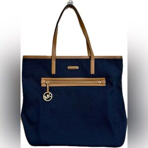 Michael Kors Leather Trimmed Navy Canvas Tote